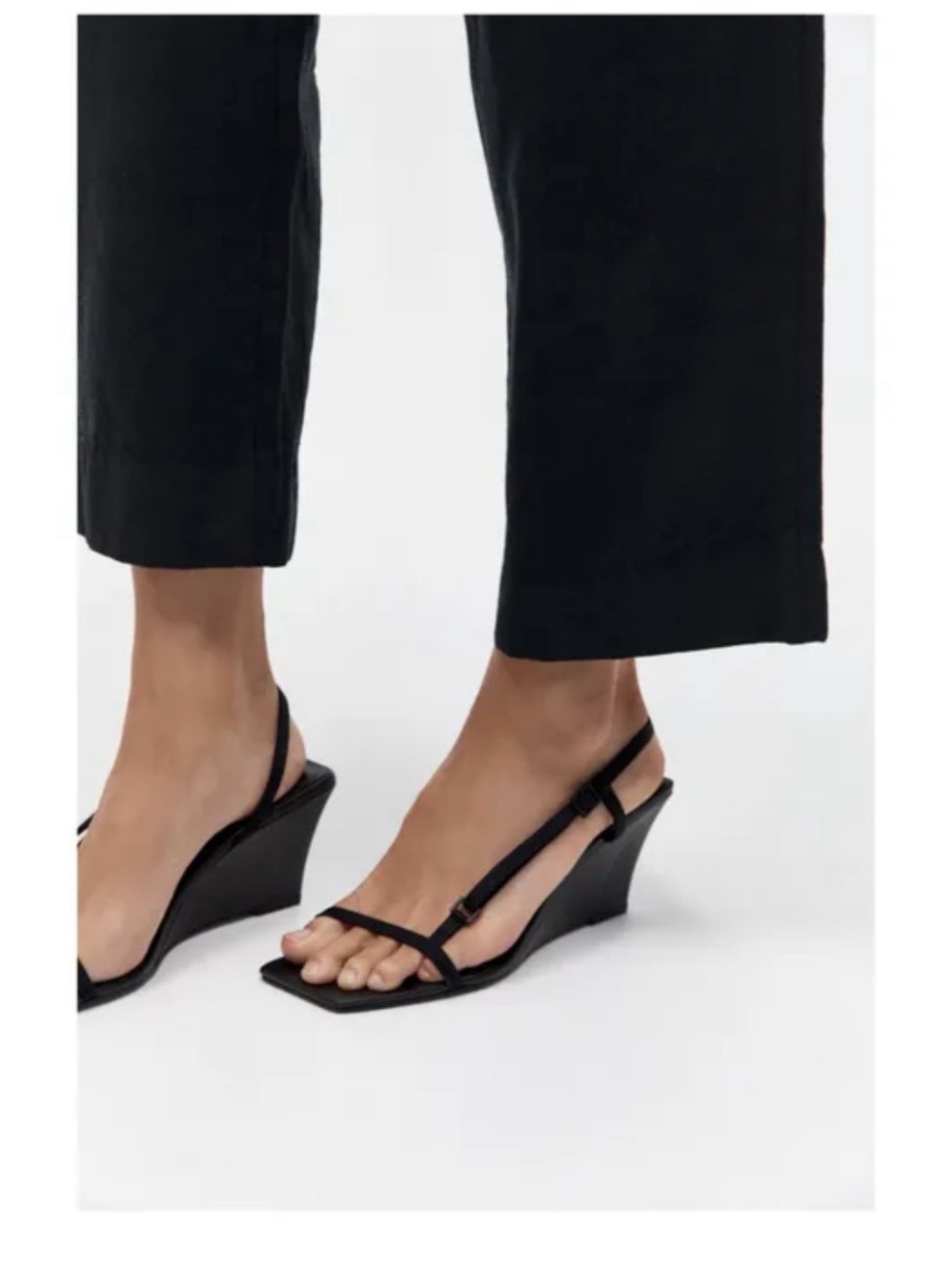 St Agni Strappy Black Square-Toe Slingback Wedge Sandals - Picture 2 of 5